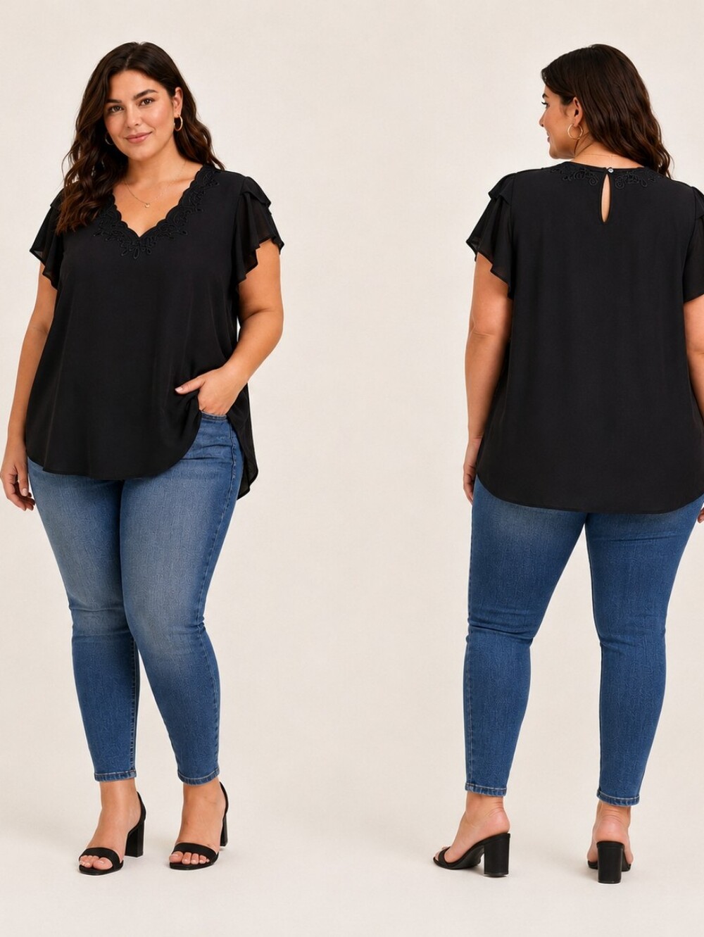 Torrid Size 3 Black Embroidered V-Neck High Low Flutter Sleeve Blouse